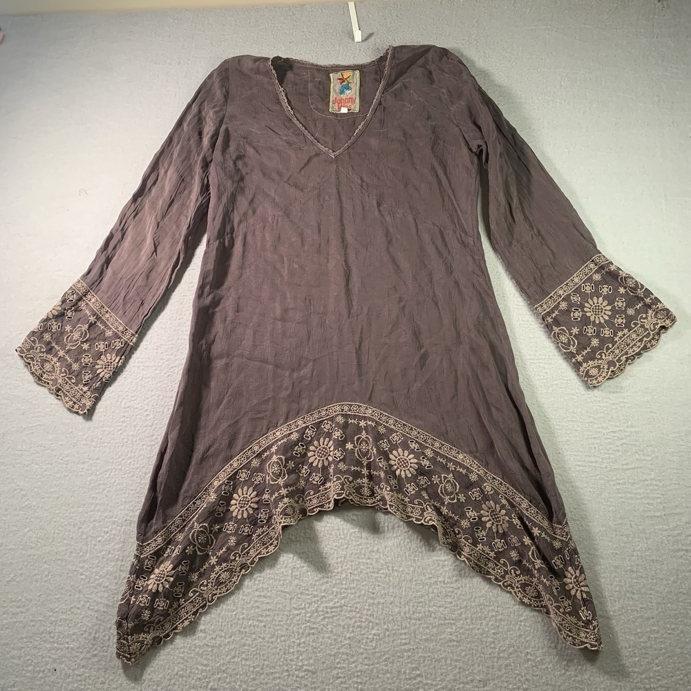 Johnny Was Brown Embroidered Asymmetrical V-neck Tunic Top Size S - Picture 1 of 11